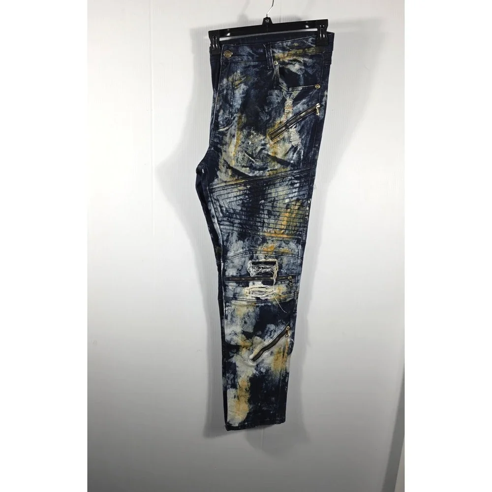 Krome New York Mens 42x32 Moto Biker Jean Acid Wash Distressed Blue Yellow Splat